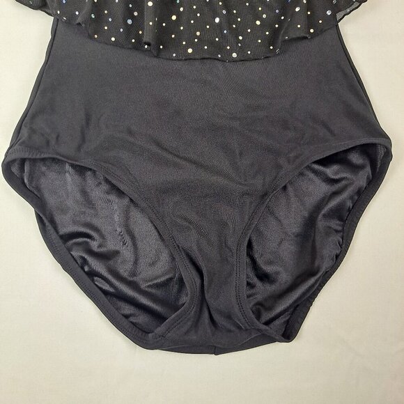 Longitude Size 10 One Piece Swimsuit Black Ruffled Top Sequins Slimming - Picture 4 of 15